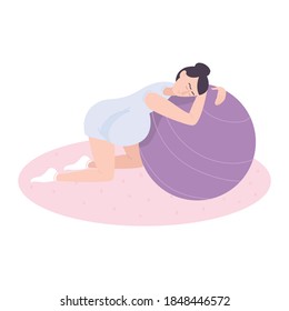 Childbirth motherhood flat composition with doodle character of pregnant woman with gym ball vector illustration