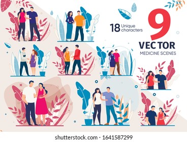 Childbirth Planning, Happy Maternity and Parenthood, Healthy Pregnancy Trendy Flat Vector Scenes Set. Pregnant Woman with Husband Standing Together, Couple with Newborn Baby on Hands Illustrations