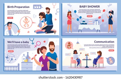 Childbirth Preparation, Baby Shower, Pregnancy Test, Pregnant Woman Communication Trendy Flat Vector Web Banner, Landing Page Set. Woman Doing Exercises, Having Fun on Party, Meets Friend Illustration