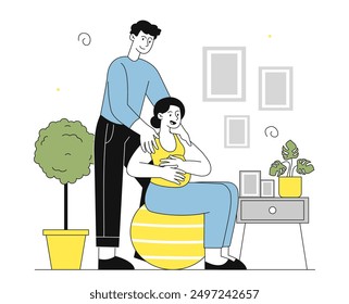 Childbirth preparation concept. Man helps pregnant woman on fitball. Future dad and mom. Young girl doing yoga for pregnant women. Linear vector illustration isolated on white background