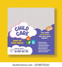 Childcare center and babysittersocial media post banner ads, promotional advertisements template, Nanny occupation, Childcare assistance, Baby Care post, square flyer, poster template 