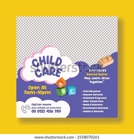 Childcare center and babysittersocial media post banner ads, promotional advertisements template, Nanny occupation, Childcare assistance, Baby Care post, square flyer, poster template 