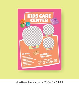 Childcare center, daycare center, babysitter services, preschool, kindergarten, nursery, kids school print flyer or poster template design, 
suitable for Nanny Services leaflet brochure cover design