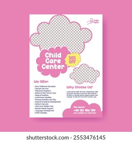 Childcare center, daycare center, babysitter services, preschool, kindergarten, nursery, kids school print flyer or poster template design, 
suitable for Nanny Services leaflet brochure cover design