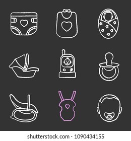 Childcare chalk icons set. Baby diaper, bib, newborn, car seat, radio nanny, pacifier, rocking chair, carrying bag, child face. Isolated vector chalkboard illustrations