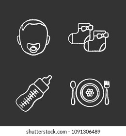 Childcare chalk icons set. Baby face with pacifier, girl socks, feeding bottle, child plate, fork and spoon. Isolated vector chalkboard illustrations