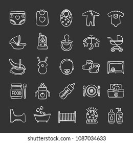 Childcare chalk icons set. Equipment, clothes, carriages, car seats, nutrition for babies. Isolated vector chalkboard illustrations