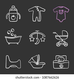 Childcare chalk icons set. Sippy cup, romper, bodysuit, bathtub, bed carousel, baby carriage, potty chair, car seat, wet wipes. Isolated vector chalkboard illustrations