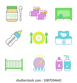 Childcare color icons set. Baby food, socks, playpen, feeding bottle, dishes, wet wipes, crib, night light, shampoo and soap. Isolated vector illustrations