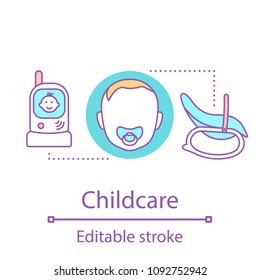 Childcare concept icon. Childhood idea thin line illustration. Radio nanny, baby face with pacifier, rocking chair. Vector isolated outline drawing. Editable stroke