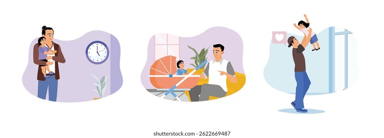 Childcare concept. Single father involved in raising children. Father taking care of and playing with his children. Flat vector illustration.