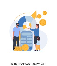 Childcare Cost Concept. Woman And Child Standing Next To Man With Calculator. Couple Calculates Their Expenses For Children. Financial Literacy, Family Budget. Cartoon Flat Vector Illustration