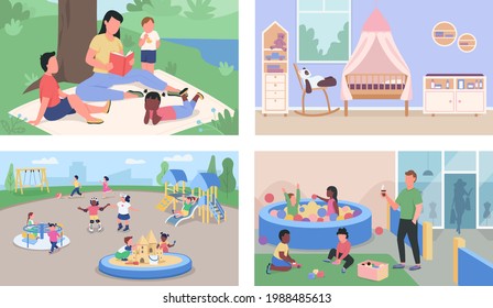 Childcare and daycare flat color vector illustration set. Reading book. Kindergarten children and teacher 2D cartoon characters with outdoor and indoor playzones on background collection