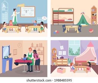 Childcare flat color vector illustration set. Kids in kindergarten. Toddler in hairdresser salon. Children with teachers and family 2D cartoon characters with room interiors on background collection