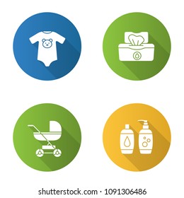 Childcare flat design long shadow glyph icons set. Baby carriage, bodysuit, wet wipes, shampoo and soap. Vector silhouette illustration