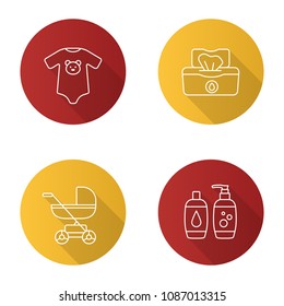 Childcare flat linear long shadow icons set. Baby carriage, bodysuit, wet wipes, shampoo and soap. Vector outline illustration