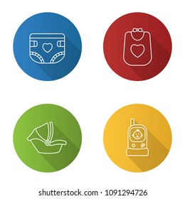 Childcare flat linear long shadow icons set. Baby diaper, bib, car seat, radio nanny. Vector outline illustration