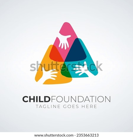 Childcare Foundation Logo design, hands in triangle icon, family care vector logo design template.