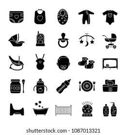 Childcare glyph icons set. Equipment, clothes, carriages, car seats, nutrition for babies. Silhouette symbols. Vector isolated illustration