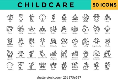 Childcare icons set with child, baby, toddler, infant, nursery, daycare, preschool, playtime, toys, blocks icon. Simple line vector 