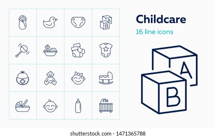 Childcare icons. Set of line icons on white background. Baby, diapers, cradle. Childbirth concept. Vector illustration can be used for topics like childhood, parenthood, children products