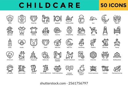 Childcare icons set with safety, first aid, diapering, feeding, mealtime, healthy eating, naptime, rest, sleep, hygiene icon. Simple line vector 