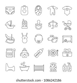 Childcare linear icons set. Equipment, clothes, carriages, car seats, nutrition for babies. Thin line contour symbols. Isolated vector outline illustrations. Editable stroke