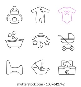 Childcare linear icons set. Sippy cup, romper, bodysuit, bathtub, bed carousel, baby carriage, potty chair, car seat, wet wipes. Thin line contour symbols. Isolated vector outline illustrations