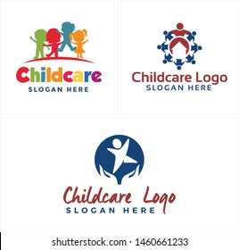 Childcare logo design colorful kids boy and girl with people circle home illustration vector suitable for children services babysitting kindergarten