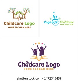 Childcare Logo Design With Kids Girl Boy Playing And Tree Home Illustration Vector Suitable For Symbol Creative Playground Kindergarten Caregiver Education