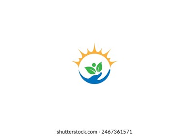 Kinderbetreuungslogo, Handlogo mit Menschen, Blatt und Sonne
