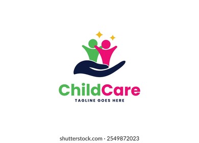 Childcare logo with two joyful figures in a protective hand design