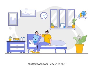 Childcare, motherhood concept. Mom taking care about sick child. Boy getting cold, suffering from flu, lying in bed with fever. Outline design style minimal vector illustration for landing page.