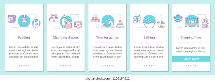 Childcare onboarding mobile app page screen with concepts. Feeding, changing diapers, playing games, bathing, sleeping time steps graphic instructions. UX, UI, GUI vector template with illustrations