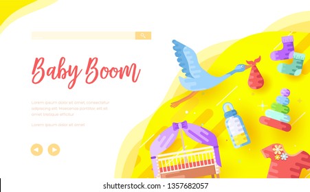 Childcare products Internet shop landing page template. Stork carrying bag illustration with text space. Baby boom cursive lettering. Kids toys, clothing vector web banner. Motherhood poster concept