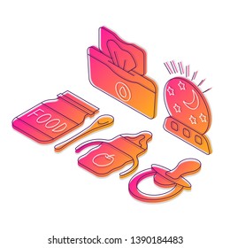 Childcare products isometric vector illustration. Baby care linear icons infographic. Newborn stuff 3d concept. Child goods, items. Baby feeding. Gradient isolated design elements on white background