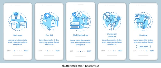 Childcare service onboarding mobile app page screen vector template. Babysitters classes. Walkthrough website steps. Pediatrics. Child care courses program. UX, UI, GUI smartphone interface concept