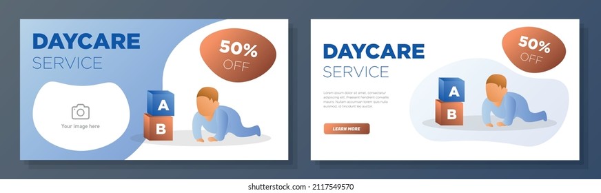 Childcare service online banner template set, daycare kids support corporate advertisement, horizontal ad, babysitter campaign webpage, happy baby flyer, creative brochure, isolated on background.