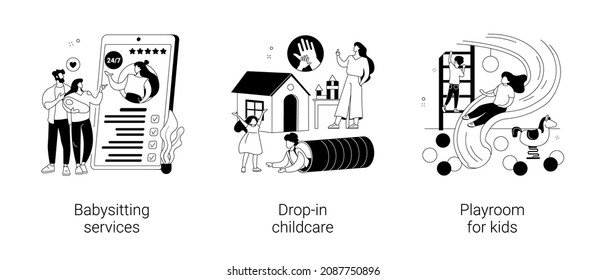 Childcare services abstract concept vector illustration set. Babysitting services, drop-in childcare, playroom for kids, indoor playground, part-time kindergarten, nanny app abstract metaphor.