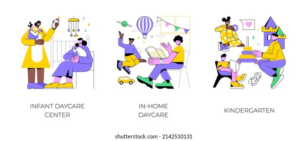 Childcare Services Abstract Concept Vector Illustration Set. Infant Daycare Center, In-home Daycare, Kindergarten, Early Kid Development, Nursery Home, Toddler Early Education Abstract Metaphor.