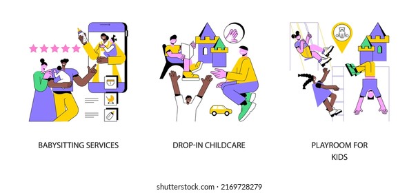 Childcare services abstract concept vector illustration set. Babysitting services, drop-in childcare, playroom for kids, indoor playground, part-time kindergarten, nanny app abstract metaphor.