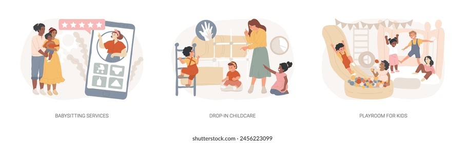 Childcare services isolated concept vector illustration set. Babysitting services, drop-in childcare, playroom for kids, indoor playground, part-time kindergarten, nanny app vector concept.