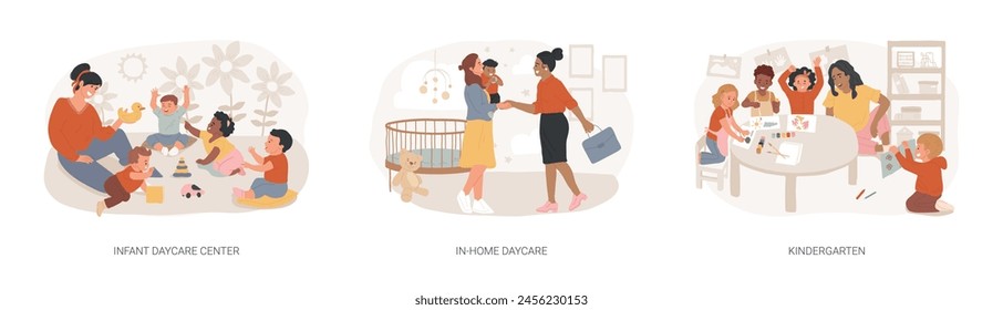 Childcare services isolated concept vector illustration set. Infant daycare center, in-home daycare, kindergarten, early kid development, nursery home, toddler early education vector concept.