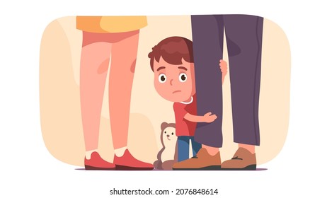 Childcare Stress Issues. Family Parenting Couple Relationship Problems Affecting Child Psychological Mental State. Scared Boy Kid Hide Peep Out Behind Father Leg. Flat Vector Character Illustration
