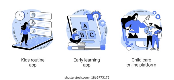 Childcare technology solutions abstract concept vector illustration set. Kids routine and early learning app, child care online platform, newborn application, babysitter search abstract metaphor.