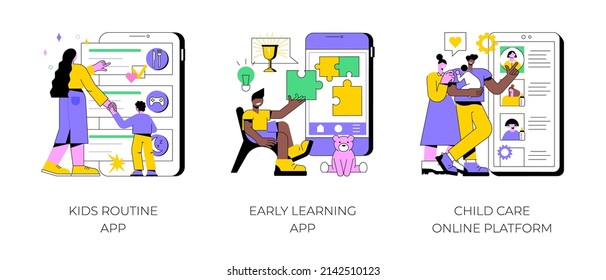 Childcare technology solutions abstract concept vector illustration set. Kids routine and early learning app, child care online platform, newborn application, babysitter search abstract metaphor.