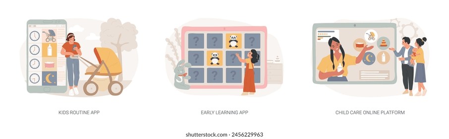 Childcare technology solutions isolated concept vector illustration set. Kids routine and early learning app, child care online platform, newborn application, babysitter search vector concept.