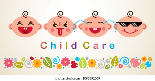Childcare vector illustration with babies showing different emotions, vector flat style design.