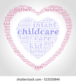 Childcare. Word cloud, one heart inside another heart, gradient grey background. Family concept.