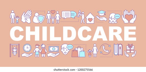 Childcare word concepts banner. Childhood. Parenting. Fatherhood and motherhood. Isolated lettering typography idea with linear icons. Vector outline illustration